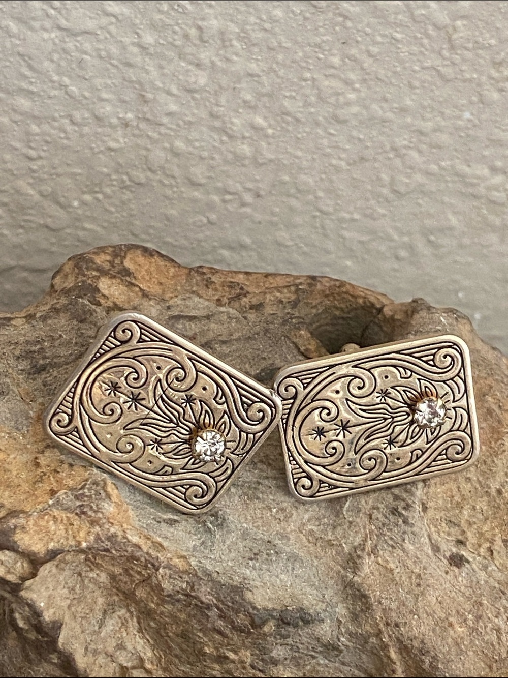 Vintage 60s Scroll Gold Tone CZ Cufflinks